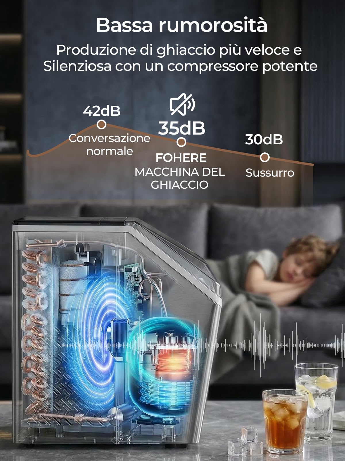 FOHERE Macchina per Ghiaccio Acciaio Inox, 24kg/24h, 24 Cubetti in 10-15 Min, Serbatoio 3,2L con Timer, Auto-pulizia e Sbrinamento, Doppio Riempimento, Silenziosa 35dB, Bar, Casa e Ristorazione