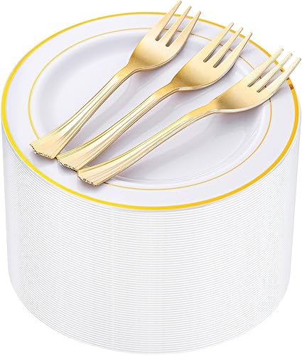 Miniatura 1 de WELLIFE 240 platos de postre de plástico dorado, platos de ensalada desechables de 6.5 pulgadas, platos blancos de primera calidad con bordes