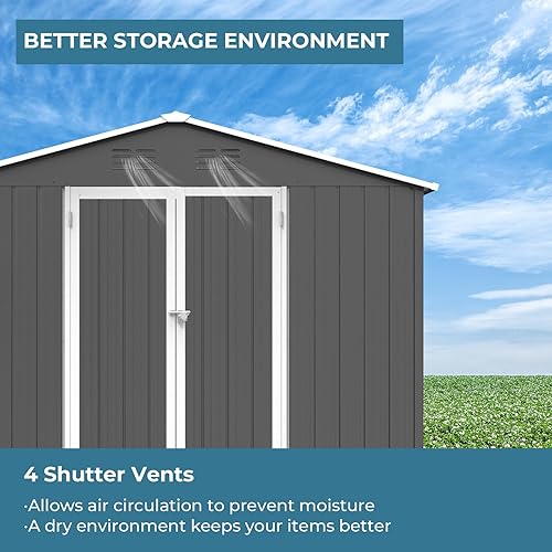 Miniatura 4 de Cobertizo de almacenamiento para exteriores de 10 x 8 pies, cobertizos de metal para todo tipo de clima con base de metal y puertas con cerradura,