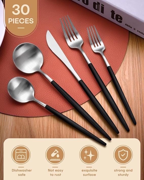 30-Pcs Matte Silverware Set with 5Pcs Silver Serving Utensils, Stainless Steel Flatware Set for 6 Forks Spoons and Knives Cutlery Utensils Set, Satin Finish & Dishwasher Safe