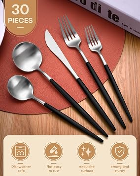 30-Pcs Matte Silverware Set with 5Pcs Silver Serving Utensils, Stainless Steel Flatware Set for 6 Forks Spoons and Knives Cutlery Utensils Set, Satin Finish & Dishwasher Safe