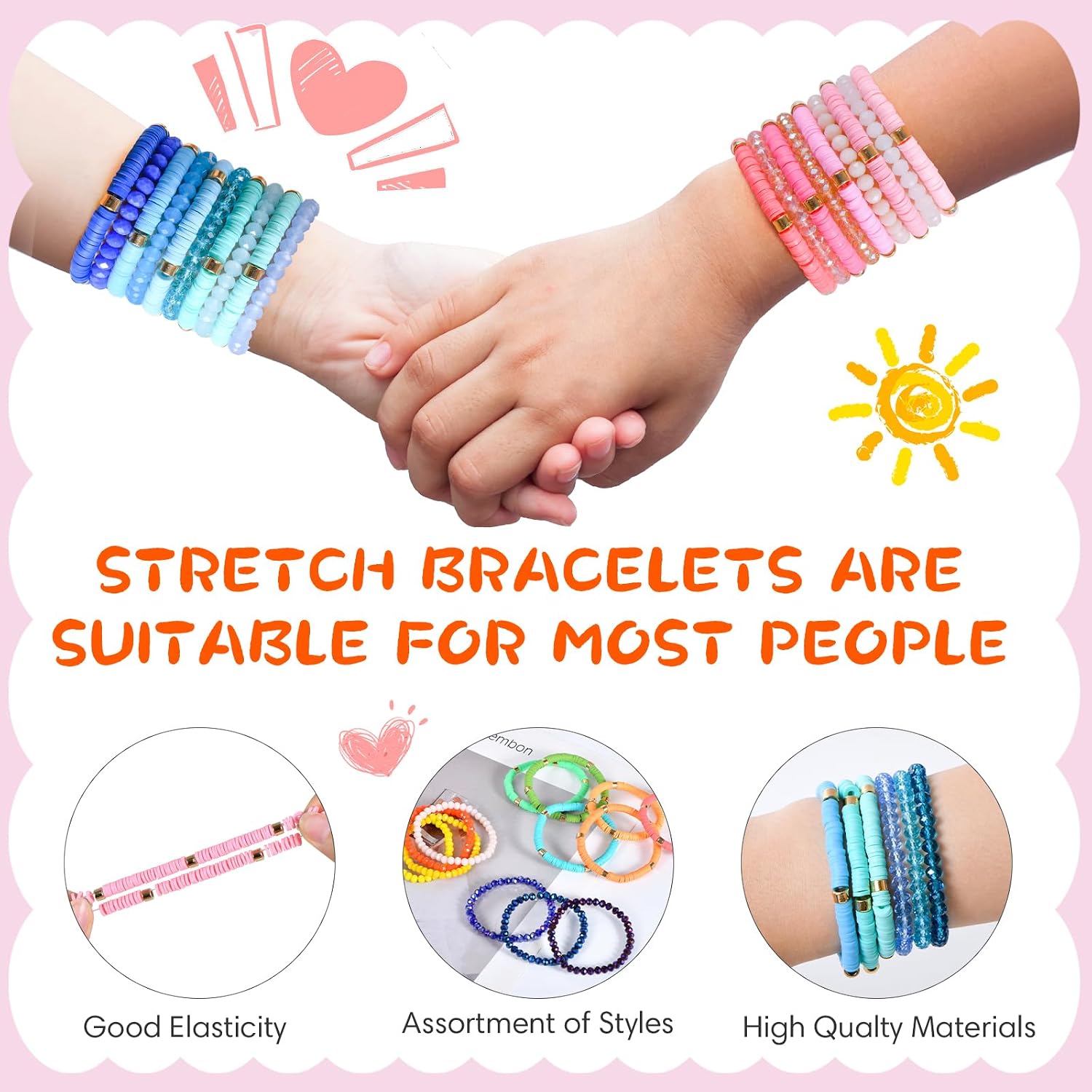 96 Pcs Beaded Friendship Bracelets, Clay & Crystal Beaded Bracelet Bulk | Cute Clay Beaded Bulk Bracelets, Stretch bracelets Stackable Summer Beach Party, Graduation Party Favors, Birthday Gifts