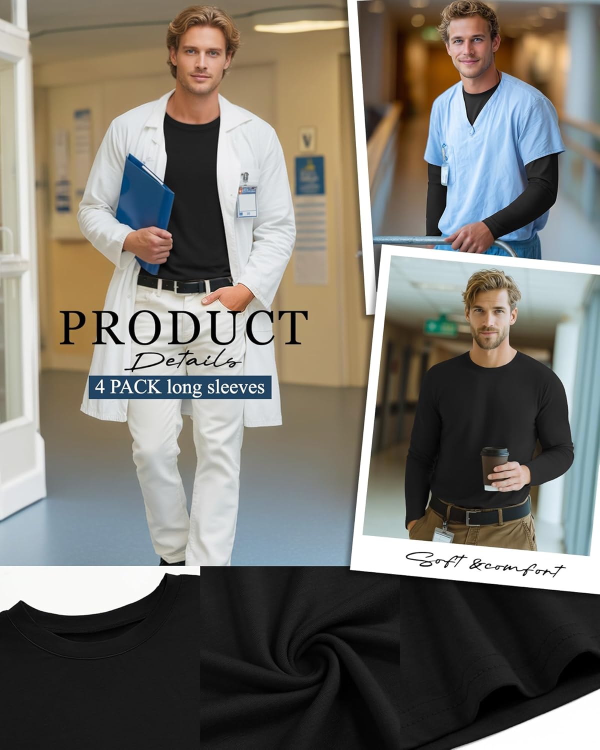 4 Pack Men's Big and Tall Underscrub Shirts Long Sleeve Crew Neck Scrub Undershirts Medical Basic Tops Layering Tee - Image 4