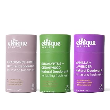 Ethique Beauty Deodorant Set for Men & Women Eucalyptus & Cedarwood Deodorant Stick + Vanilla & Lavender Deodorant Stick + Minimalist Unscented Dedorant Stick Aluminum-Free, Plastic-Free, Vegan, C