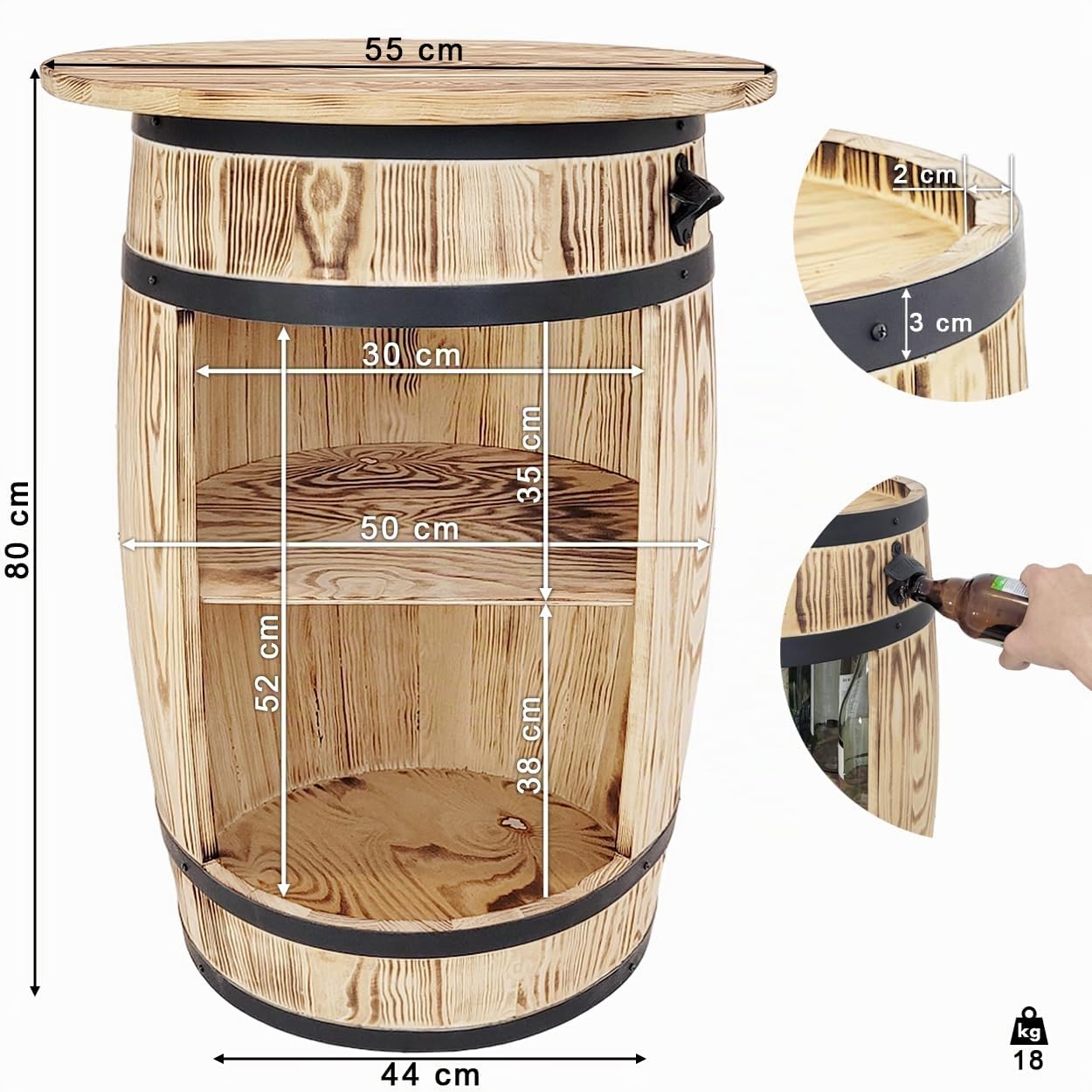 weeco Bar Tonneau en Bois - Meuble Bar avec Plateau et Ouvre-Bouteille - Étagère pour 30-40 Bouteilles - Style Rustique et Vintage - 80x50 cm