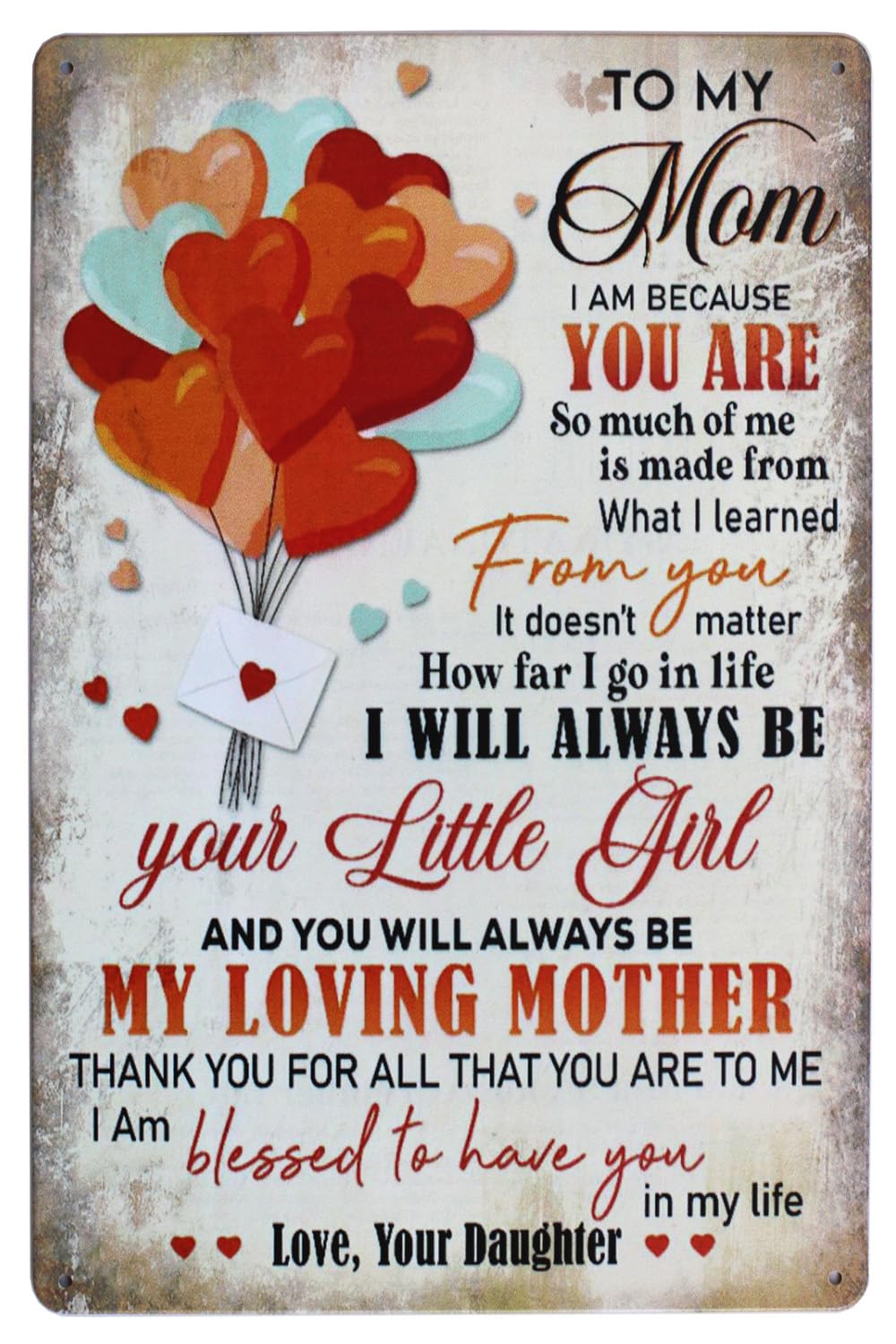 To My Mom Loving Mother Metal Tin Wall Home Decor Art Plaque Retro Vintage 8"x12"