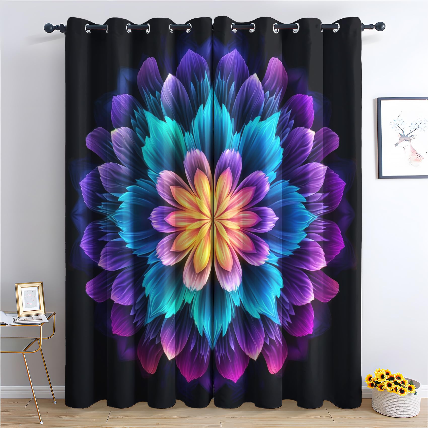 Mandala Vorhänge Boho Bunte Blumenmuster Hippie Verdunklungsvorhänge, Vorhang Blickdicht Gardinen mit Ösen, Schlafzimmer Wohnzimmer Deko, Thermovorhang 2er Set H 175 x B 140 cm