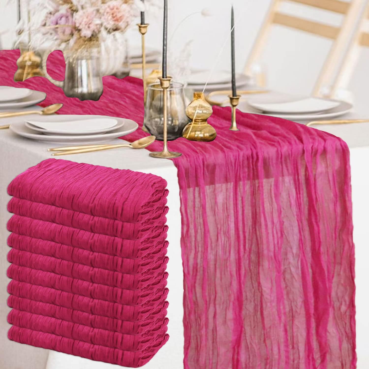 FANPROMS 10 Pack Cheesecloth Table Runners 35x120 Inch Pink