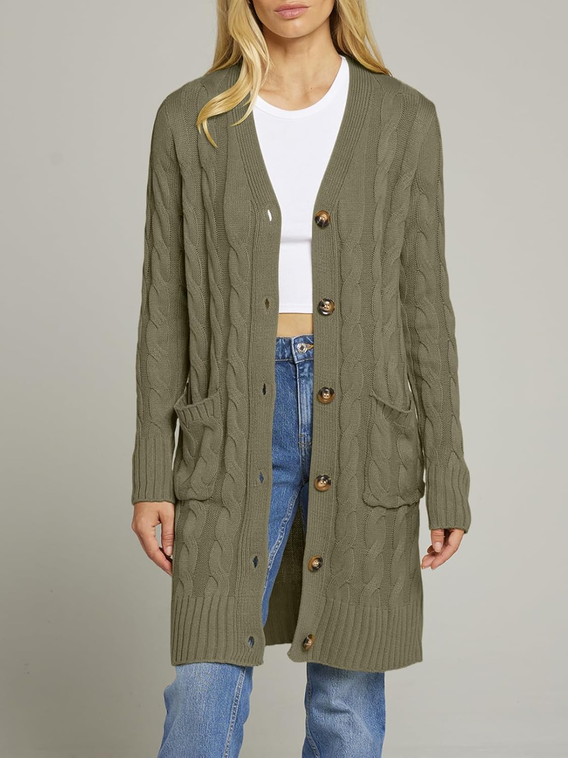 MEROKEETY Women's 2025 Long Sleeve Cardigan Sweater Fall Winter Cable Knit Open Front Button Long Outerwear - Image 8