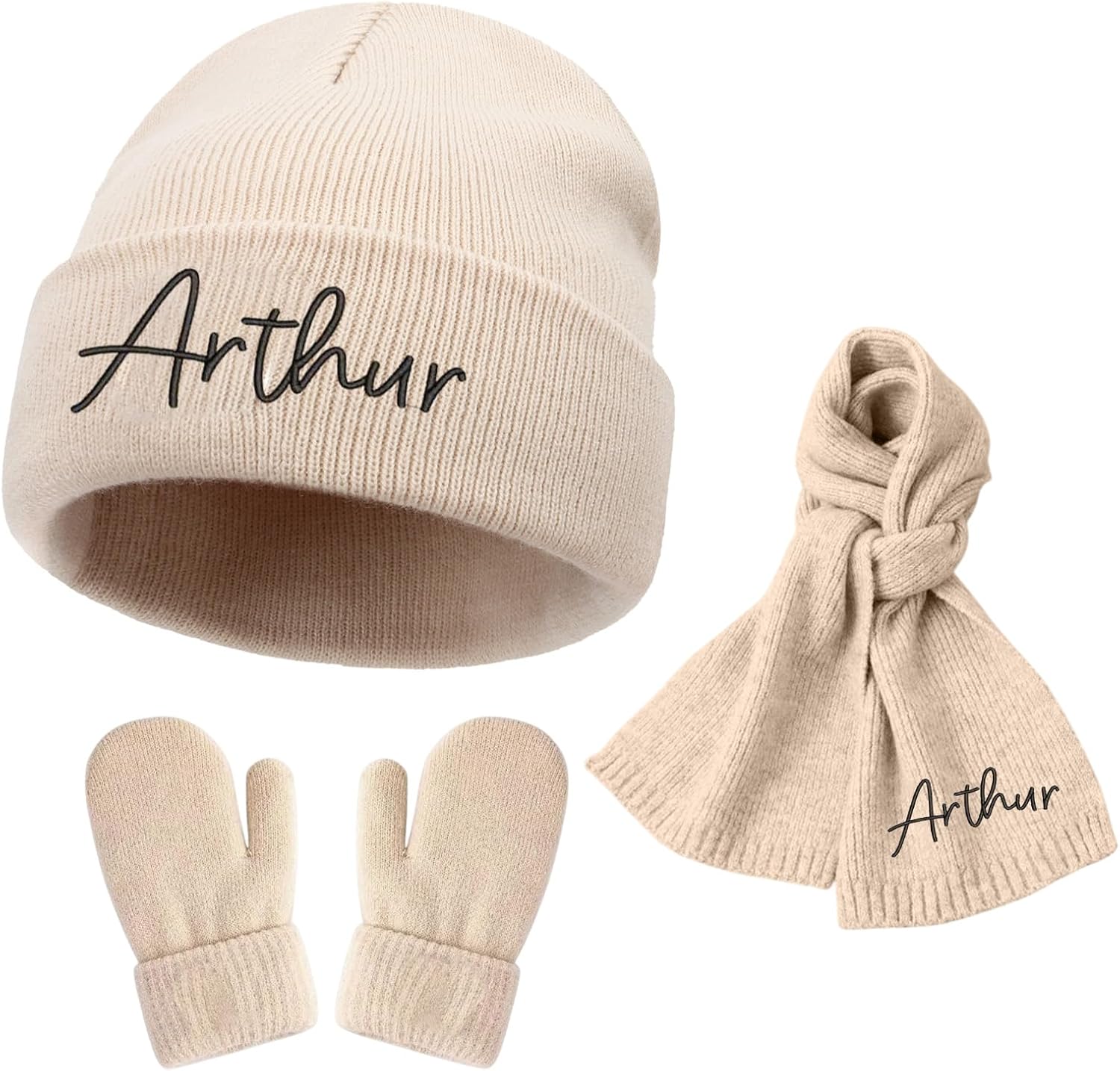 Dyoart 3 Pcs Personalized Toddlers Beanie Scarf Gloves Set for Girls Boys, Custom Embroidered Name Baby Hats for Infant Kids