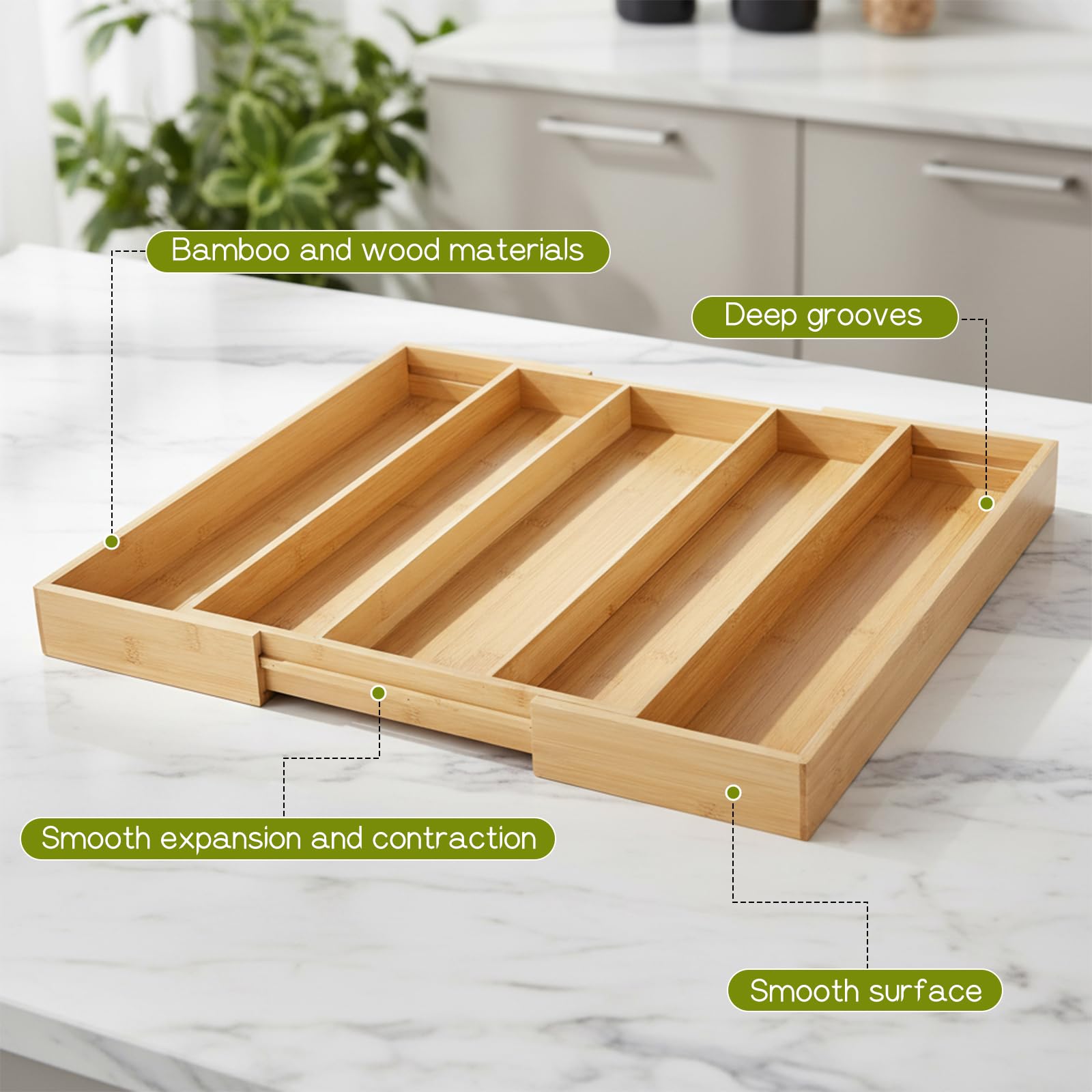 Erweiterbarer Schubladen-Organizer aus Bambus, 34 cm bis 52,1 cm, verstellbares Bestecktablett für Utensilien, Küchenwerkzeug, Schublade, geteilte Organizer, Bambus-Besteck-Organizer