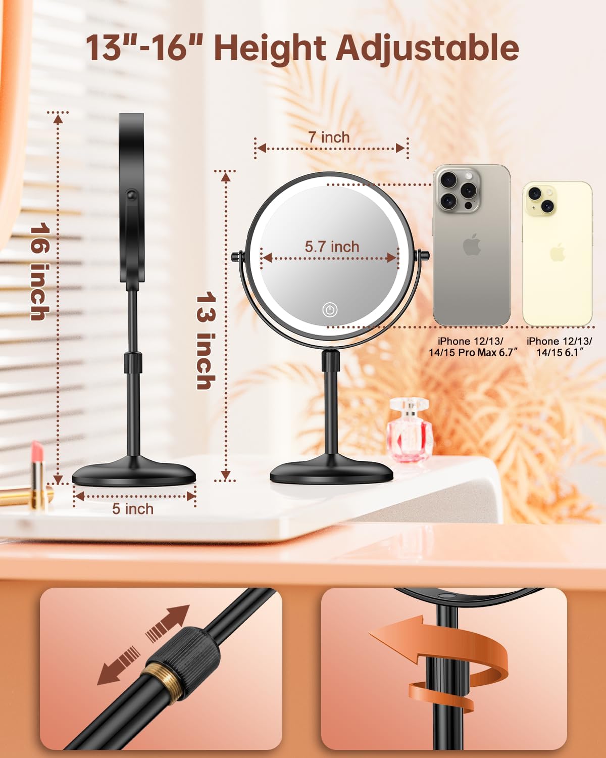 Benbilry Lighted Makeup Mirror with 10X Magnification & 3 Color Lights, Adjustable Brightness & Height, 7 Inch 360° Swivel Rechargeable LED Magnifying Make Up Vanity Mirror with Lighting (Black) - Image 2
