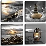 Yxbhhym Black and White Gold Beach Room Decor Ocean Canvas Seascape Prints Posters Zen Wall Art Sea Sunrise Scenery Wall Pictures Coastal Paintings for bathroom Wall Art Framed -12"x12"inches x 4 pcs