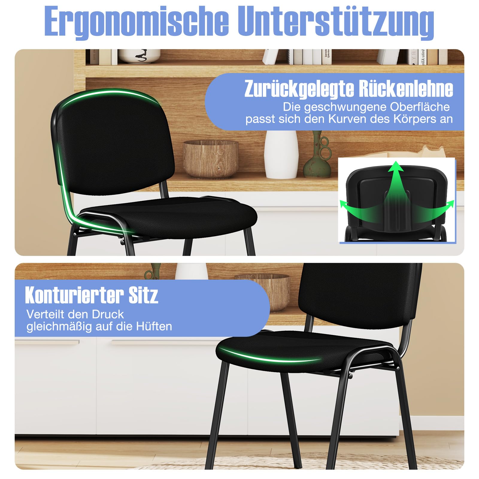 COSTWAY Konferenzstühle stapelbar 5er Set, Besucherstühle ohne Armlehnen, armlose Stapelstühle mit Metallrahmen, Wartezimmerstühle für Büro, Konferenzraum, Schwarz