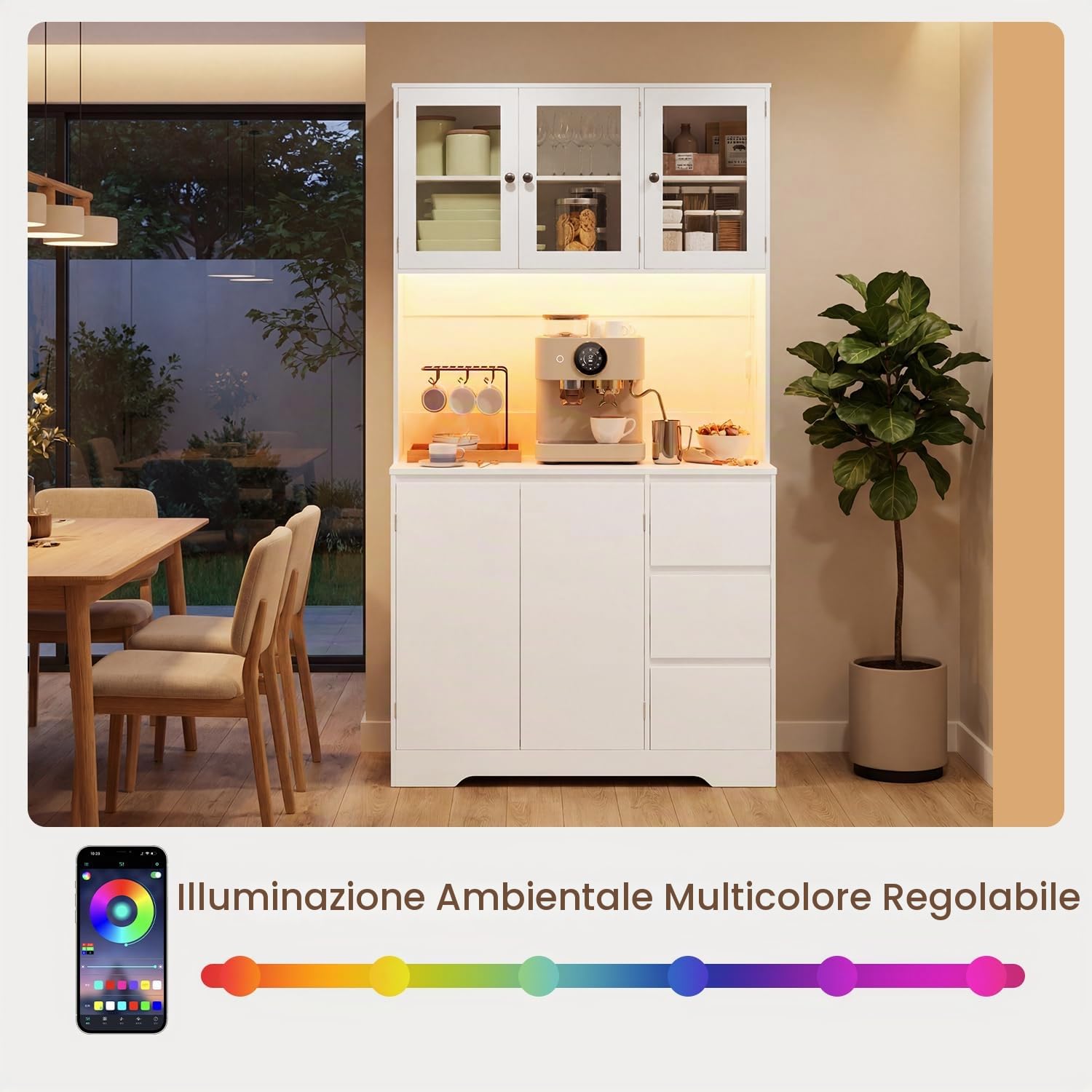 Xbro Credenza Cucina con LED e Presa Integrata, Coffee Station con Vano Microonde, Mobile Dispensa Salvaspazio con 5 Ante 3 Cassetti e Ante in Vetro, per Cucina Sala da Pranzo Soggiorno, 100x40x180 cm