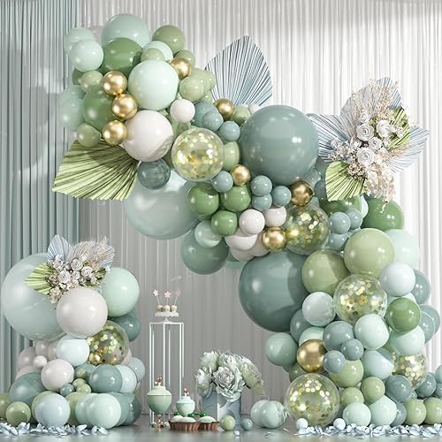 Kit de arco de globos de 154 piezas de color azul polvoriento, globos neutros de confeti blanco arena y dorado para safari, baby shower, boda,