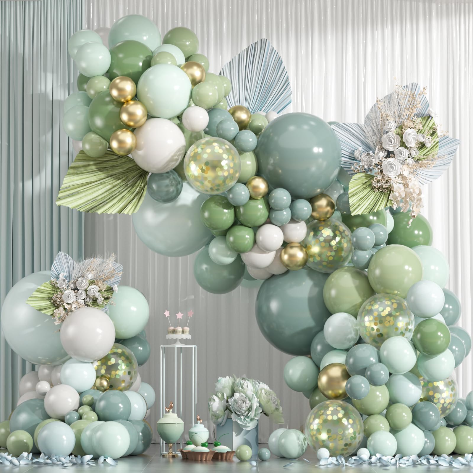 154pcs Dusty Blue Green Balloon Arch Kit, Cream Sand White Gold Confetti Neutral Balloons for Safari Baby Shower, BOHO Wedding, Birthday, Gender
