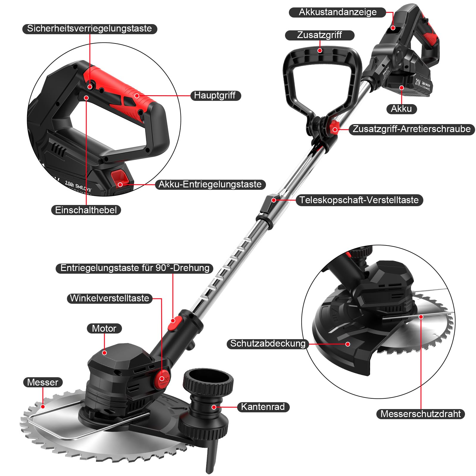 Rasentrimmer mit Akku 21V, 4-in-1 Freischneider & Motorsense 24000 RPM, Rasenkantenschneider inkl. 2X 2.0Ah Batterien, Rädern, 90° drehbarer Kopf & LCD-Anzeige (Profi-Serie)