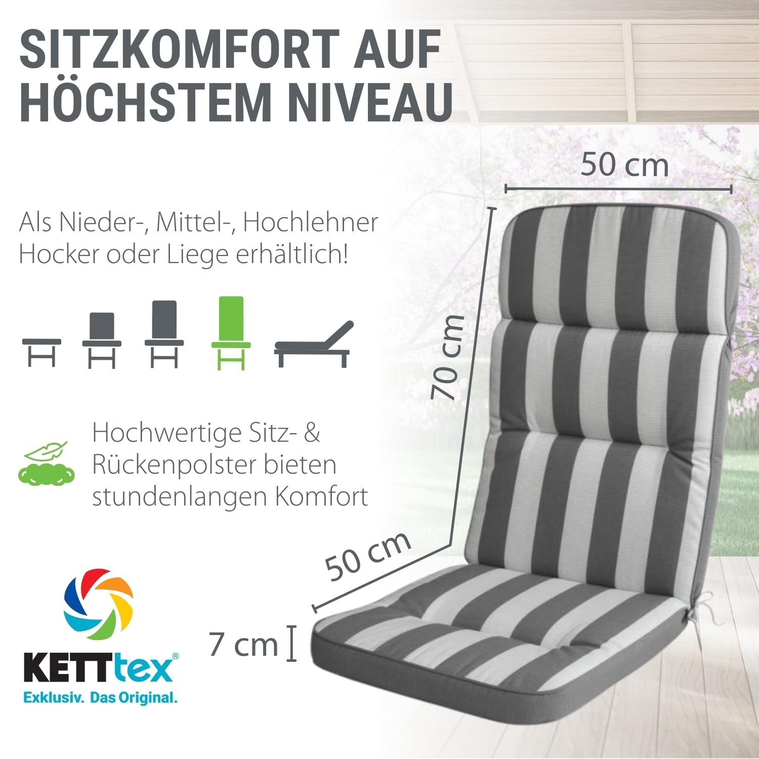 Auflage Hochlehner hellgrau gestreift I Gartenstuhl Polster 120x50x7cm I hochwertige & Pflegeleichte Sesselauflage I Wetter- & formbeständige StuhlauflageI KTH3 Sitzauflage