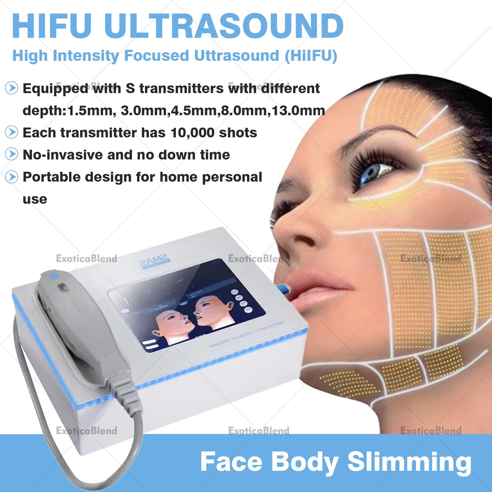 Hautstraffungsgerät, 7D-HIFU-Gerät, Facelift-Gerät mit 5 Kartuschen für intensitätsorientierte HIFU-Ultraschall-Gesichtsbehandlung zur Anti-Aging-Behandlung von Gesicht und Körper
