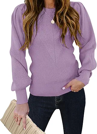 TECREW Women's Puff Sleeve Crew Neck Pullover Sweater Casual Cozy Knit Slim Jumper Tops