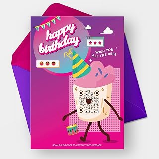 GiftLips Modern Birthday Greeting Card with QR Code Video Message, Turquoise and Pink, 4x6 Inches, Retro Cupcake Design, Premium 330 GSM Paper