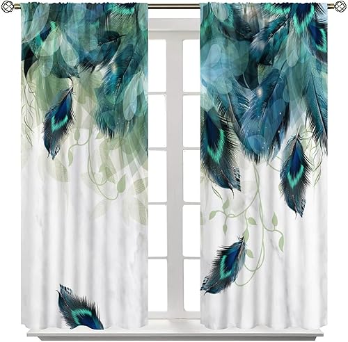 Vista 8 de Cortinas opacas modernas de plumas de pavo real para dormitorio, diseño de mármol de plumas de pavo real azul y verde, con bolsillo para barra, 2