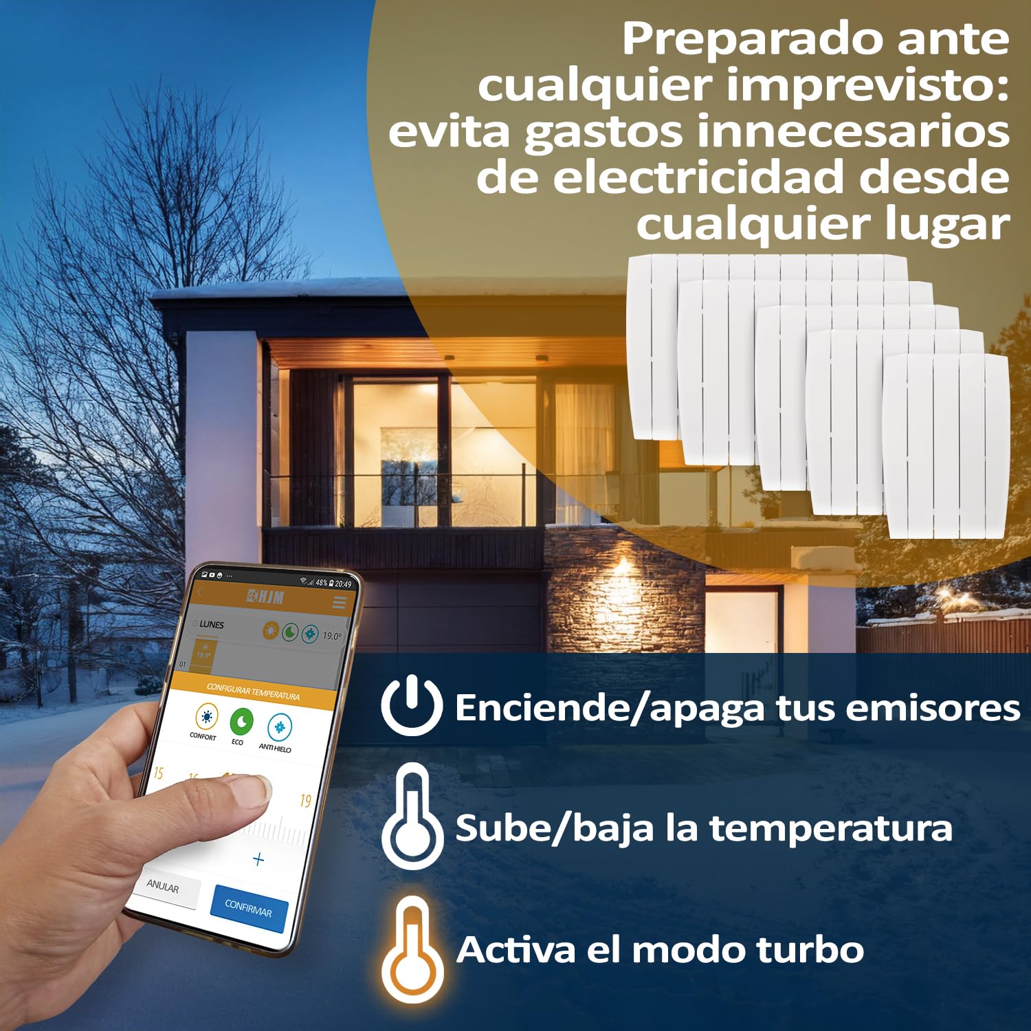 HJM Emisor Térmico Cerámico WiFi Bajo Consumo OPTIMA 750, Programación 24/7, Funciones Ahorro, Turbo Programable, 750W, Blanco