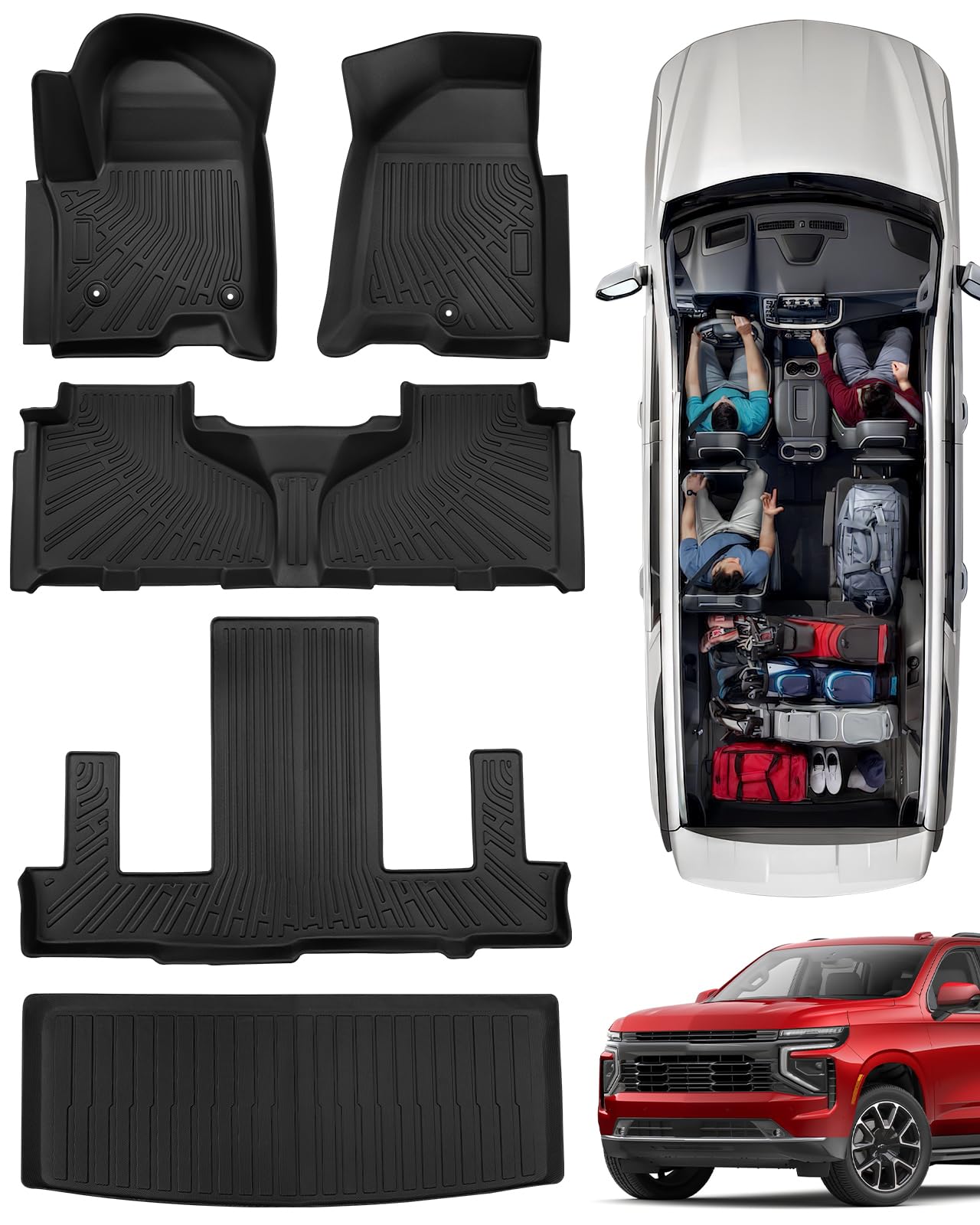 All Weather Floor Mats for Chevy Tahoe 2026-2021/ for GMC Yukon 2026-2022 (Only for 7 Seater), Custom Fit for Front 2nd 3 Row Backseat Floor Liners & Trunk Mats, Heavy Duty TPE Car Black Accessories