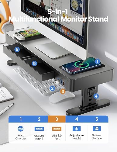 Miniatura 2 de meatanty Altura del soporte de monitor ajustable, elevador de computadora con cargador de teléfono automático, 4 puertos USB Hub y almacenamiento de