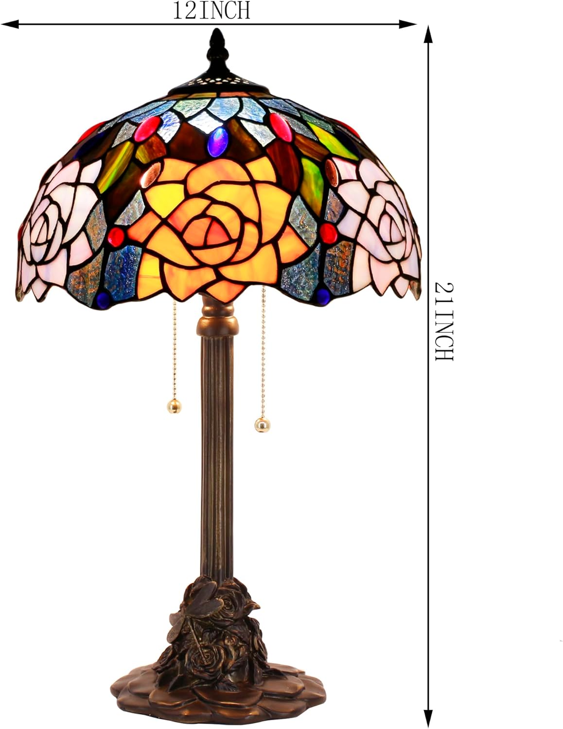 Tiffany Table Lamp Stained Glass Desk Lamp 12X12X21Inch Resin Base for Bedroom Living Room Reading Light (Purple Orange Rose Flower)
