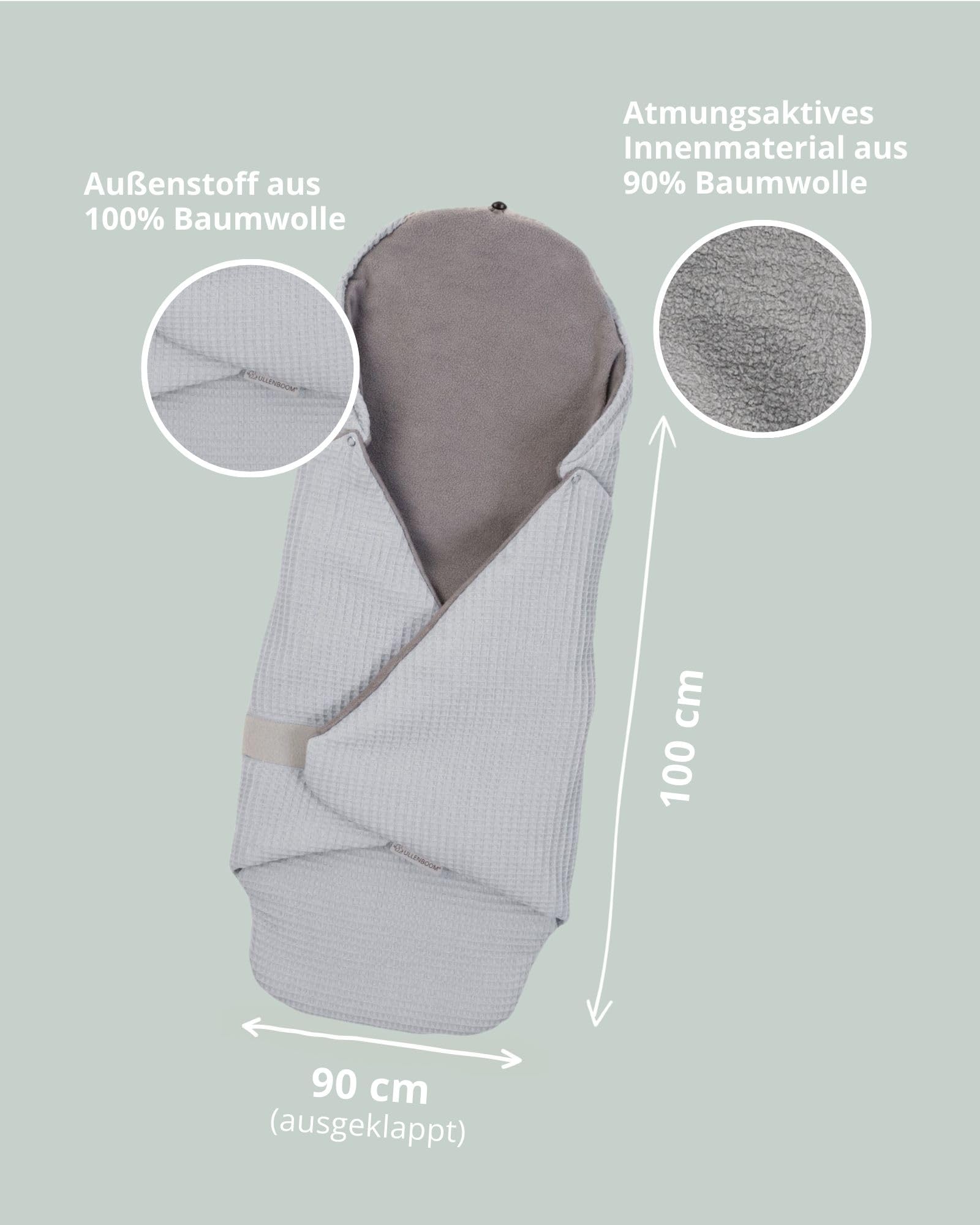 ULLENBOOM Arrullo bebé para Verano e Invierno | Manta Envolvente para el Cochecito, Silla de Paseo | 0-9 Meses, Certificado | Verano | Gofre piqué Gris | TOG 0,5, tejido exterior: 100% algodón, certificado Öko-Tex, fácil de abrir y cerrar, fabricado en la