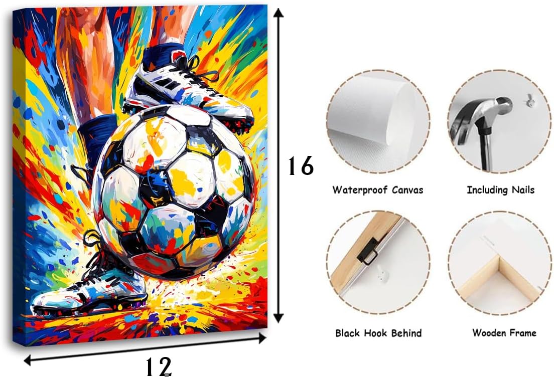 Framed Graffiti Soccer Wall Art,Sport Graffiti Fine Art Basketball Posters Wall Decor,Sports Theme Colorful Basketball Football Canvas Paintings for Boys Room Teen Kids Playroom Home Decor(12"x16")