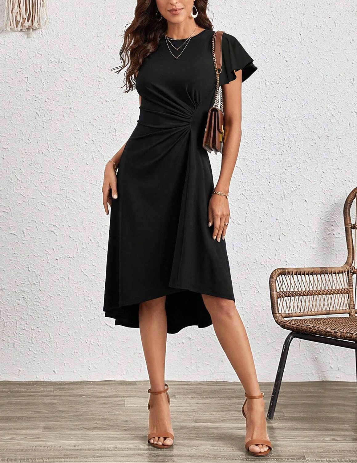 Robe Femme Chic et Elegant Midi Robe de Cocktail Mancheà Volants Robe Unie A-Line à Plis de Taille Robe de Soirée Fête Affaires