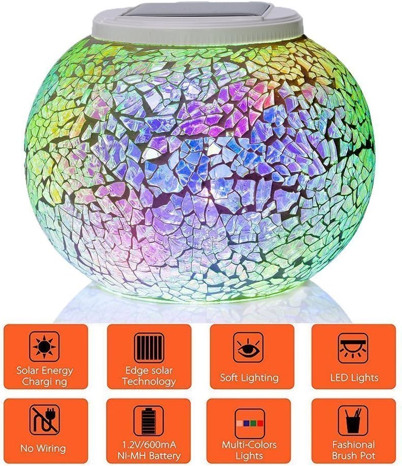 Mosaic Glass Solar Table Light,WONFAST Waterproof Color Changing Mood Night Lights Solar Outdoor Desk Lamp for Bedroom Party Garden Patio Yard Decoration Lighting (Tricolor Plating)