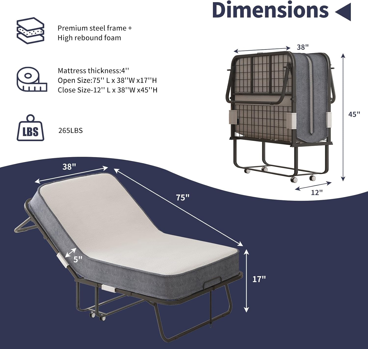 Folding Bed, 75" x 38" Rollaway Bed with 5" Thick Memory Foam Mattress for Adults, Twin Size Fold Up Roll Away Sleeping Beds, Space-Saving Foldable Portable Guest Beds with Sturdy Metal Frame
