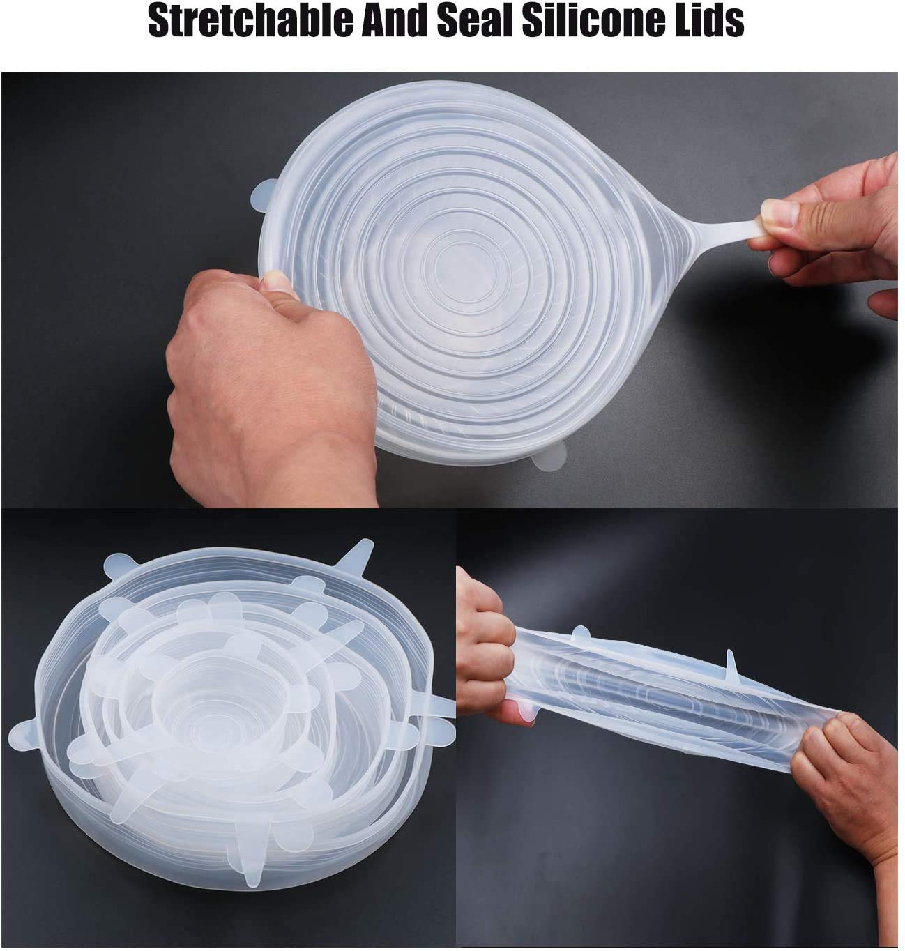 DHULI 6 Pcs Silicone Stretch Lids Microwave Safe Reuseable Flexible Food Safety Covers For Rectangle, Round, Square Bowls, Dishes, Plates, Cans, Tin, Jars, Glassware, Mugs