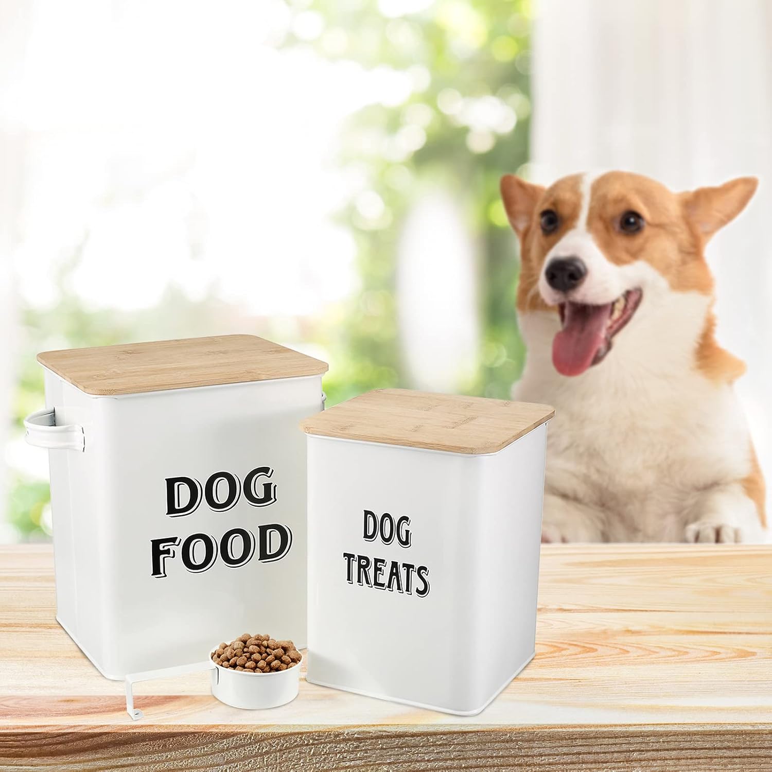 Pethiy Dog Food and Treats Storage tin Containers Set with Scoop for Dogs-Tight Fitting Wood Lids-Coated Carbon Steel-Storage Canister Tins-White : Pet Supplies