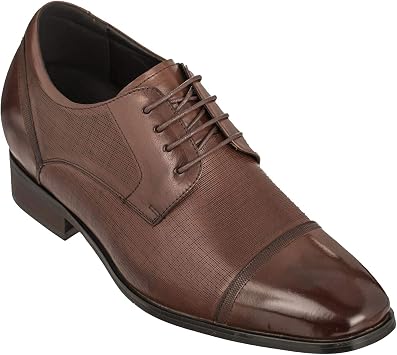 CALTO Mens Invisible Height Increasing Elevator Shoes - Dark Brown Premium Leather Lace-up Formal Oxfords - 3.2 Inches Taller - Y40551 - Size 7 DM US