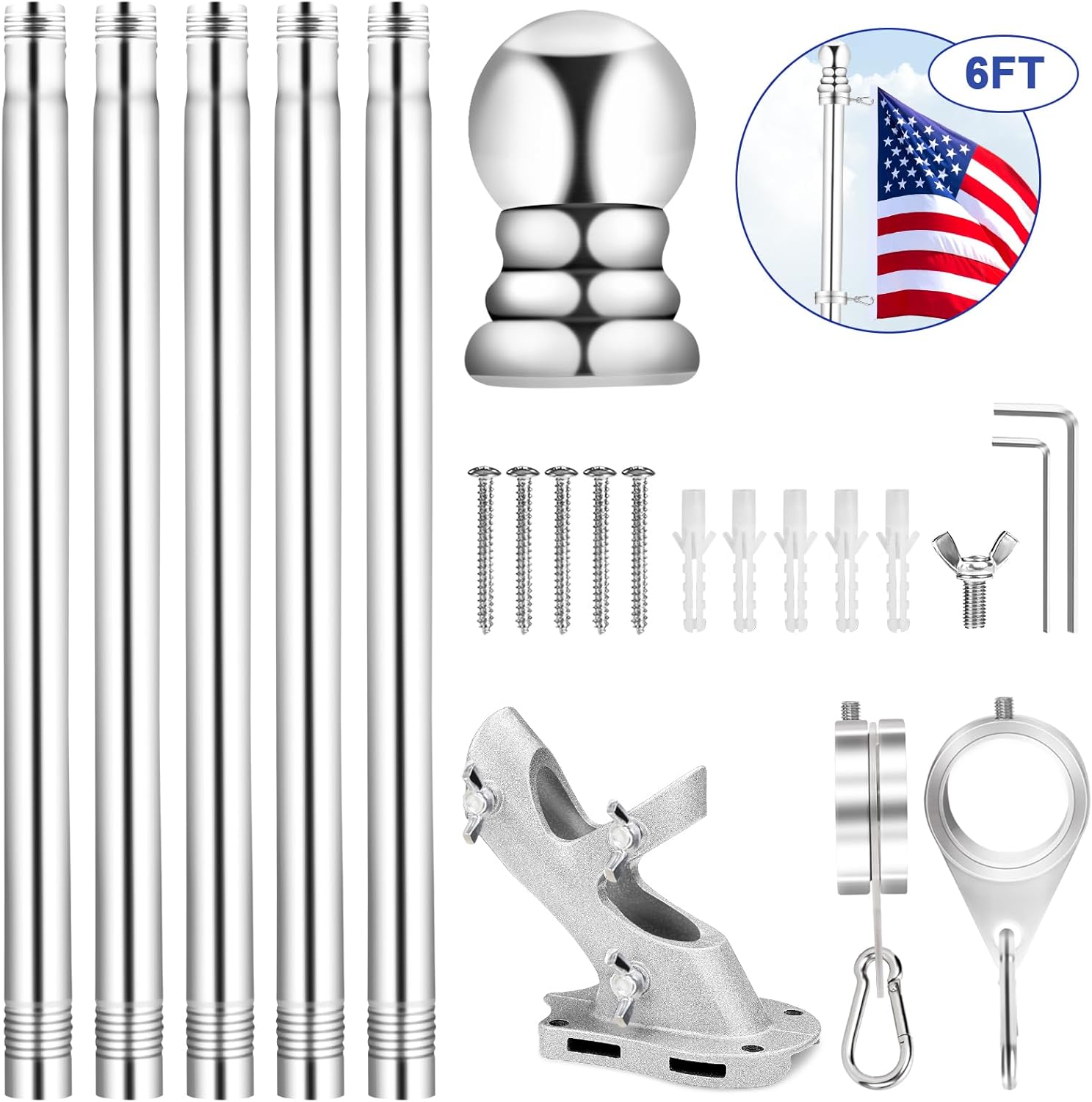 REERON Flag Pole for House, 6 FT Stainless Steel Spinning Flag Pole Kit, 1" Rustproof Porch Flagpole with 360° Tangle Free Metal Flagpole Rings & 2-Position Bracket for Outdoor Sport for 3x5 Flags