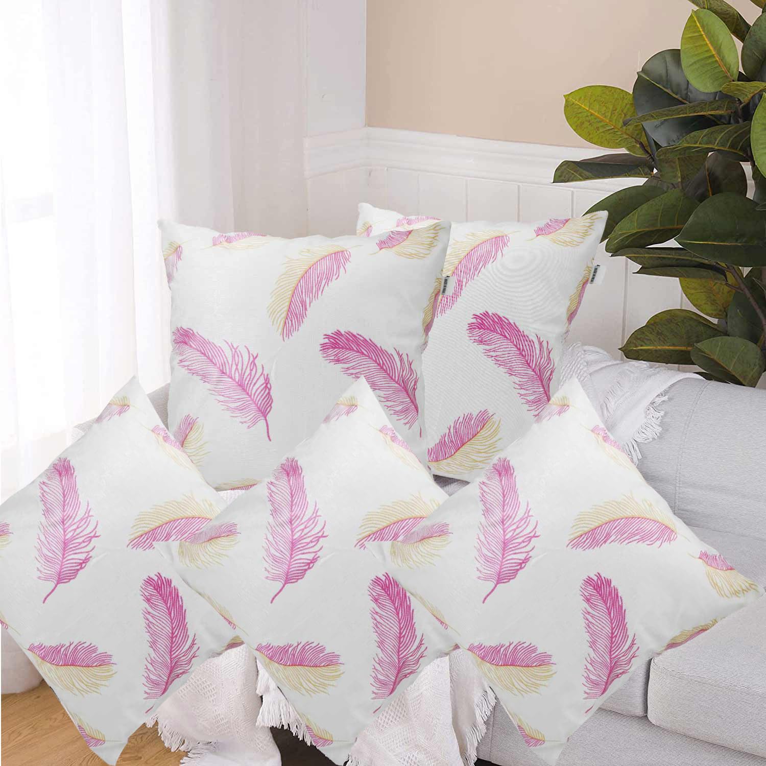 HIMS Decorative Leaf Design Throw Pillow Covers 14x14 Set of 5,Two Sided Design Decorative Pillows Case Cushion Cover for Home Couch Sofa Car 14x14 Pillow Covers Pink (14x14INCH, Pink)-image-23
