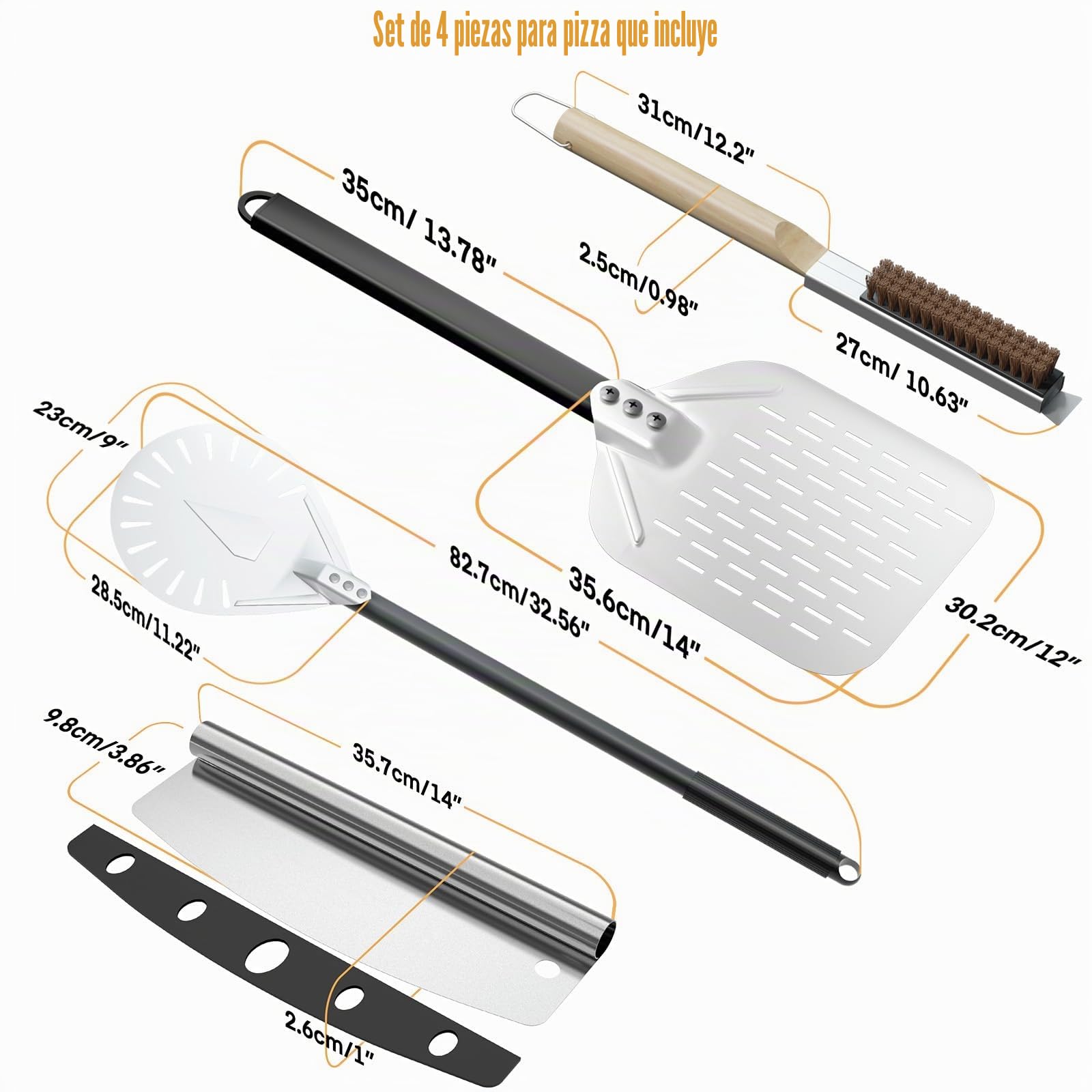 Juego de 4 Utensilios para Pizza, Pala para Pizza Perforada de 30 cm, Pala de Pizza de Aluminio de 23 cm, Cortador de Pizza Profesional y Cepillo para Horno de Pizza