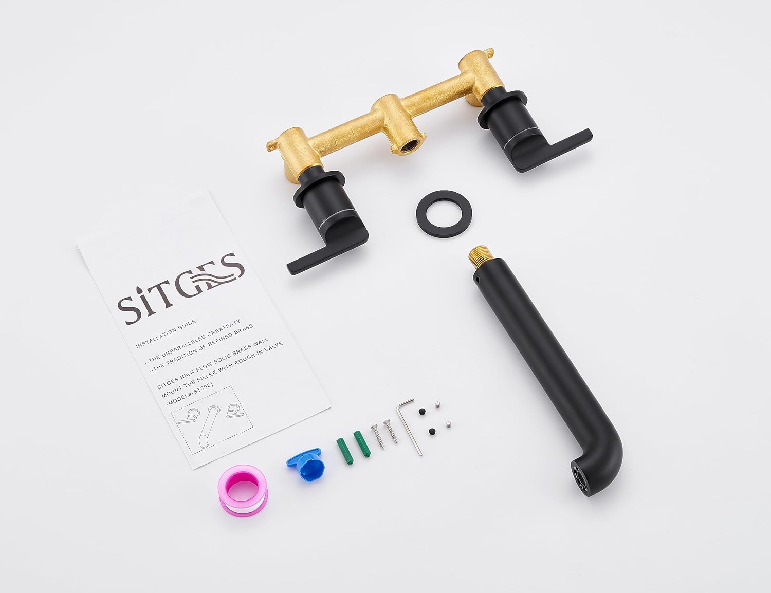 SITGES Solid Brass Wall Mount Tub Filler, 10" Long Spout Reach Wall Mount Bathtub Faucet with Two Lever Handles, High-End Design, High Flow Bathtub Faucet Set with Rough-in Valve included, Matte Black