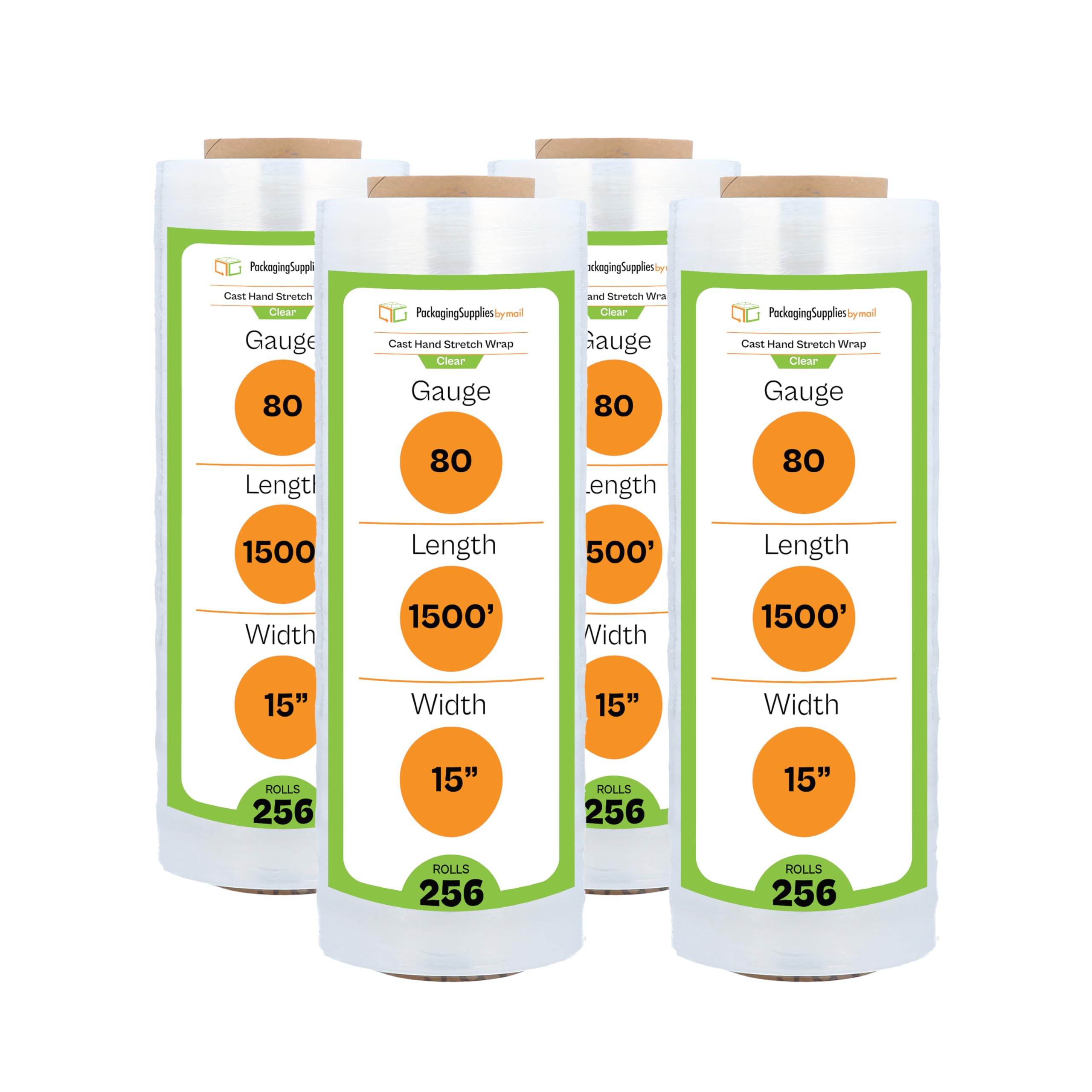 PSBM Stretch Wrap, 256 Pack, 15 Inch x 1500 Feet, 80 Gauge, Clear Plastic Cling, Cast Hand Stretch Film Rolls for Packaging Moving Packing Pallets