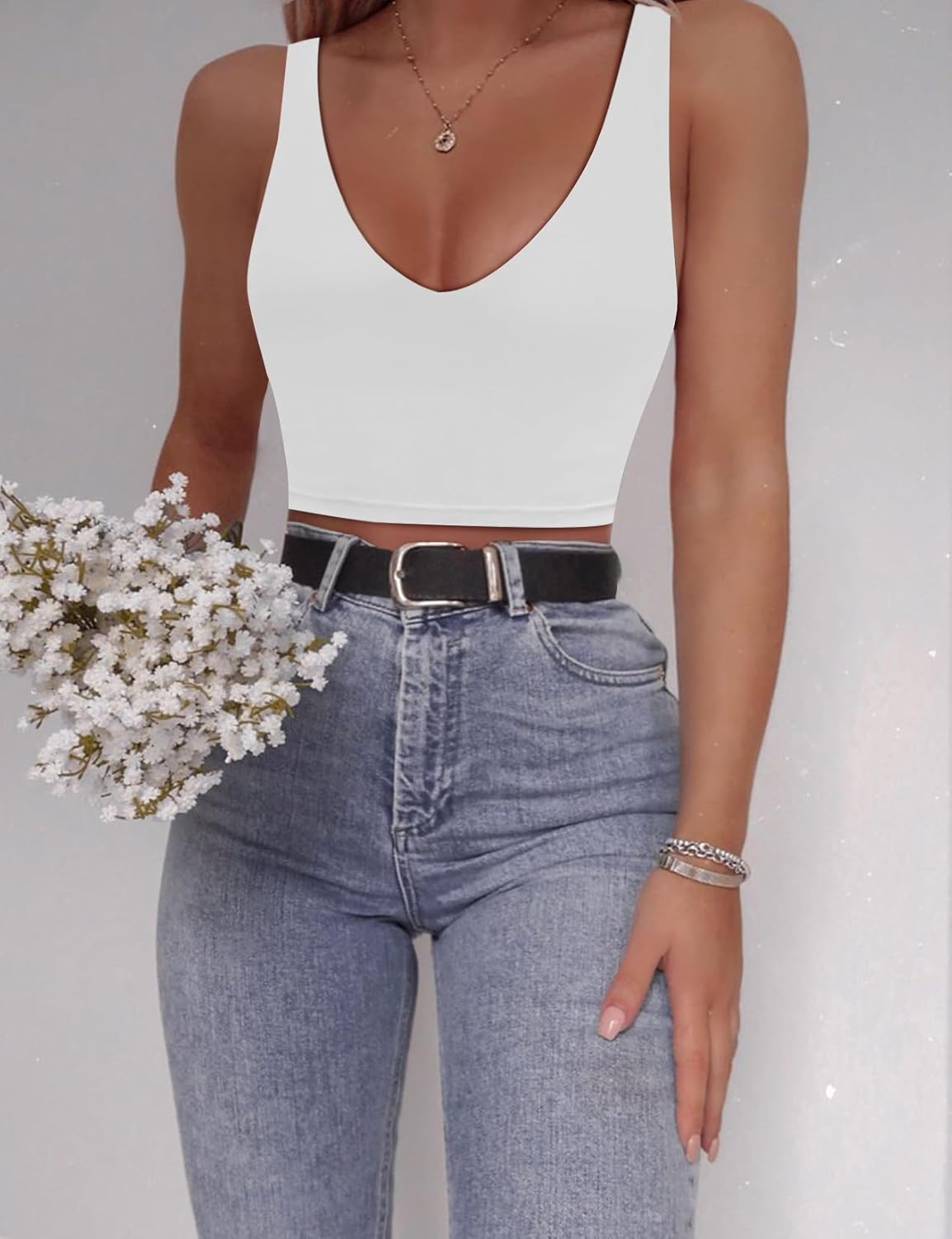 SAUNGKUAI Women's Crop Tops Deep V Neck Sleeveless Backless Double Lined Cropped Tank Top for Going Out - Image 5