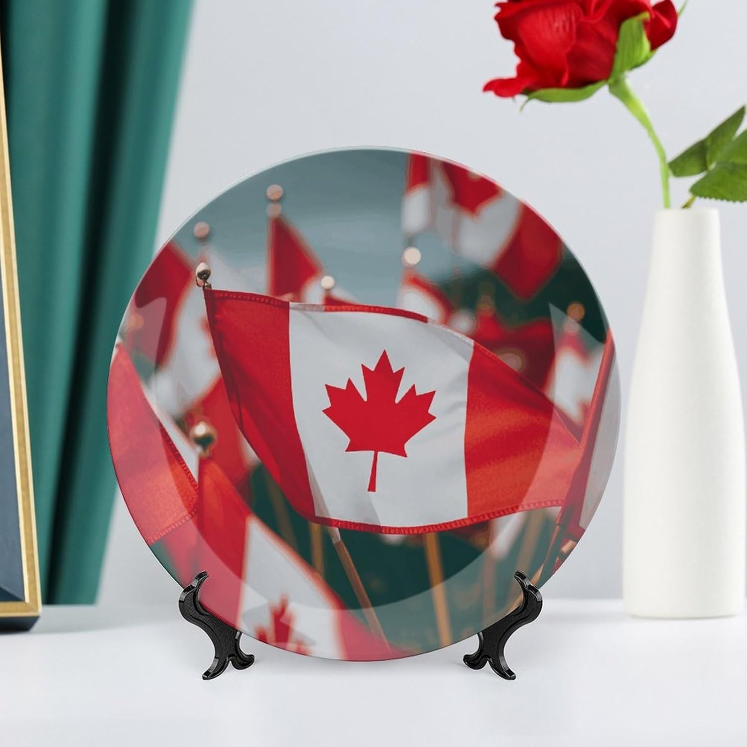 Many Small Canadian Flags Round Art Ceramic Plates Modern Art Bone China Dinner Plates with Display Stand & Wall Hook for Wall Hanging Decoration Home, Kitchen Or Table Decor