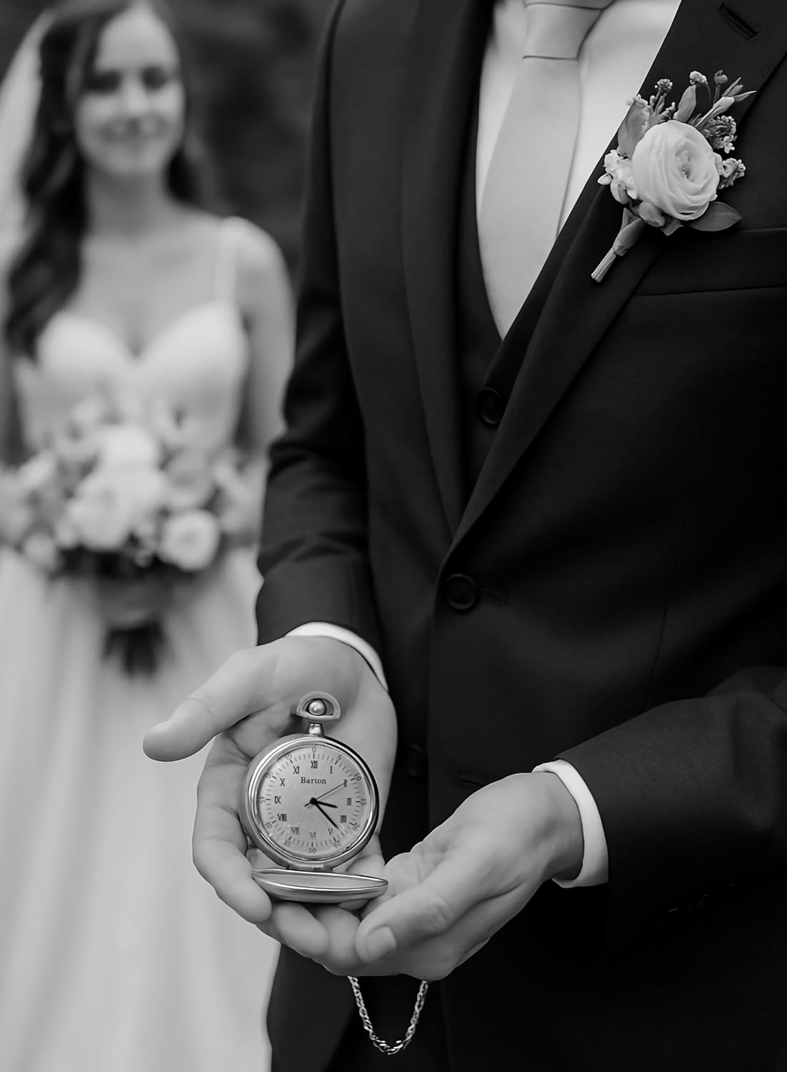 Personalized Men's Stainless Steel Pocket Watch with Glass Cover and Chain Custom Engraved Free - Ships from USA