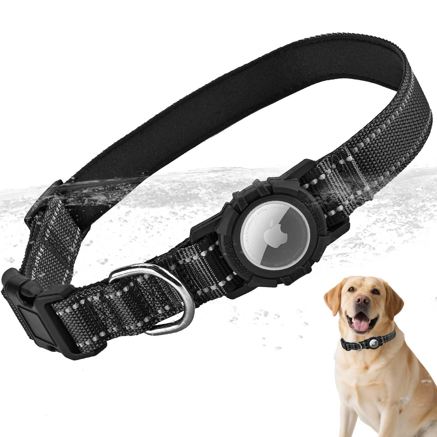 Airtag Dog Collar with Waterproof Air Tag Holder, Integrated Reflective Pet Collar with Soft Padding, Adjustable Nylon Collar for Small Medium Large Dogs, Black, S (11.8"-15.7")