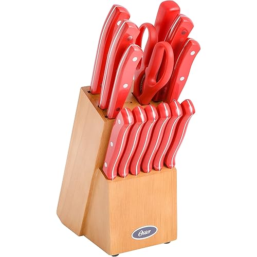 Oster Evansville 14 Piece Stainless Steel Cutlery Block Set, Red Handles