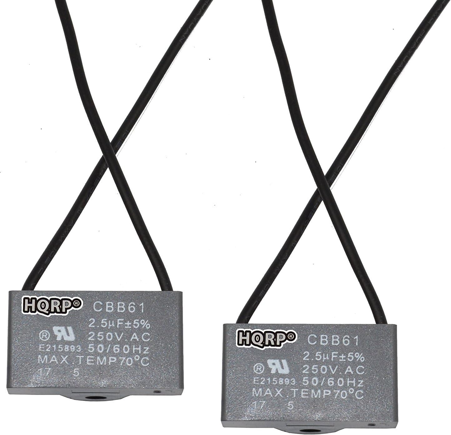 HQRP 2-Pack Ceiling Fan Capacitor CBB61 2.5uf 2-Wire UL Listed